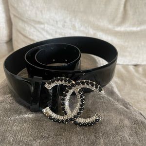 Chanel CC crystal large patent leather belt black 80/32 like new
